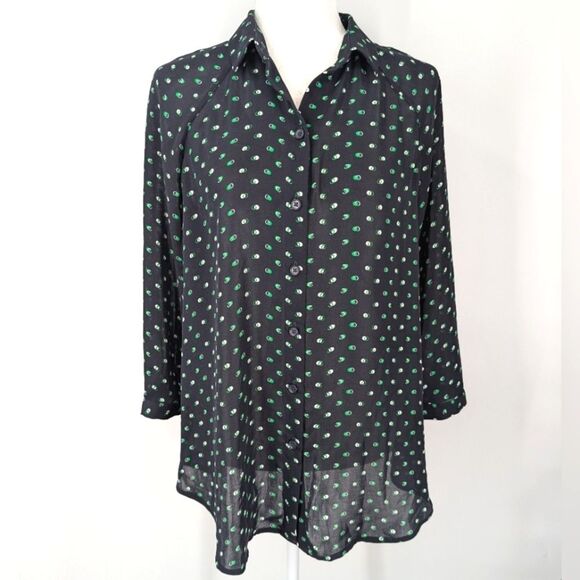 Cabi Navy Blue Green Polka Dot Long Sleeve Oversized Martini Button Blouse Small - Picture 1 of 5